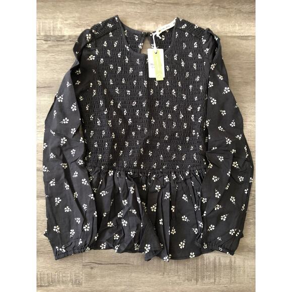 Marine Layer Gabrielle Top Floral Smock Peplum Blouse Black Modern Ditsy NWT XS - Picture 3 of 8